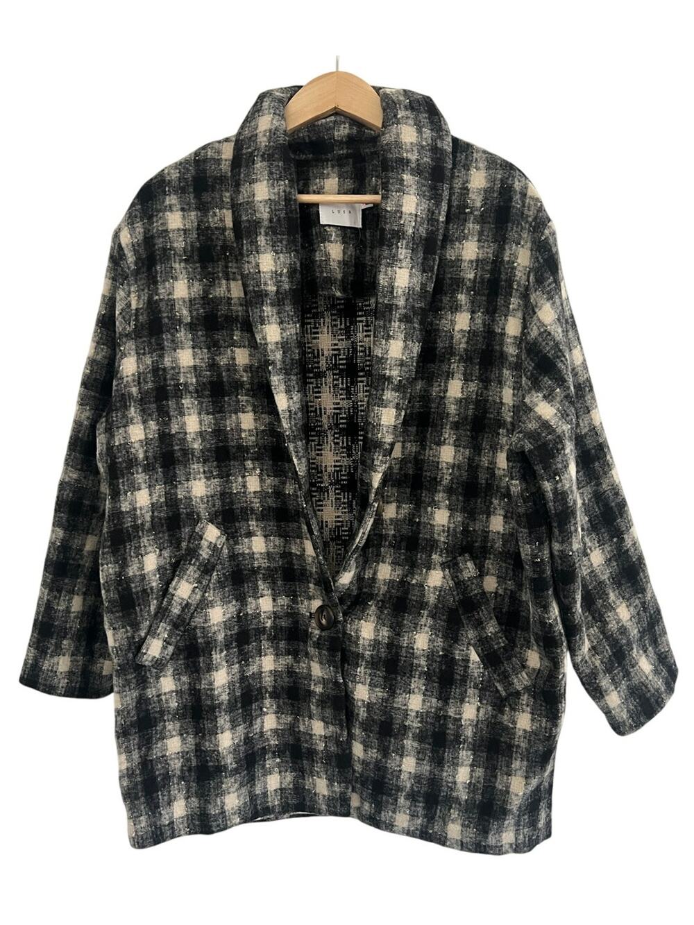 Lush Black Plaid Gingham Peacoat Women Medium Winter Preppy Academia Cabin